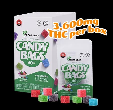 Fruit Bowl Box – 40mg per gummy x 10 gummies per bag x 9 bag per box = 3,600mg THC per box
